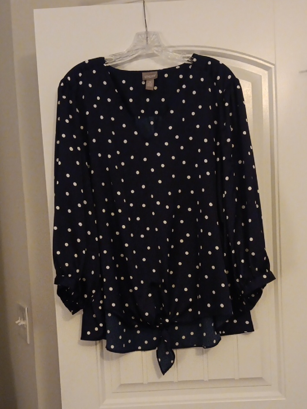 Chico's Navy and White Polka Dot Tie-Front Blouse